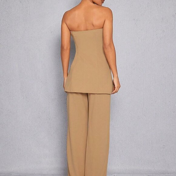 Camel Elegant Women's Button Split Tube Top & Pants Set - Picture 2 of 4